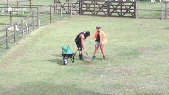 Lucas Viana ensina Hariany Almeida a cuidar do cavalo Lyon