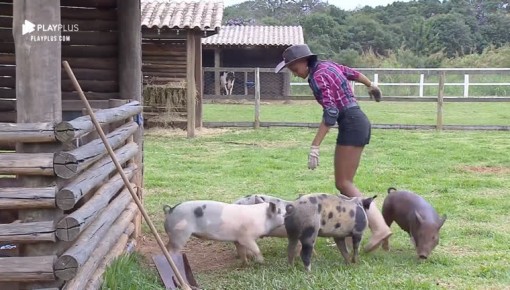 Sabrina Paiva aproveita dia quente para dar banho nos porcos