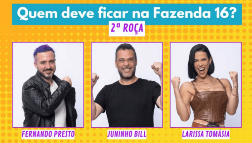 Votação A Fazenda 16: Fernando Presto, Juninho Bill e Larissa Tomásia estão na 2ª Roça, quem você quer salvar?
